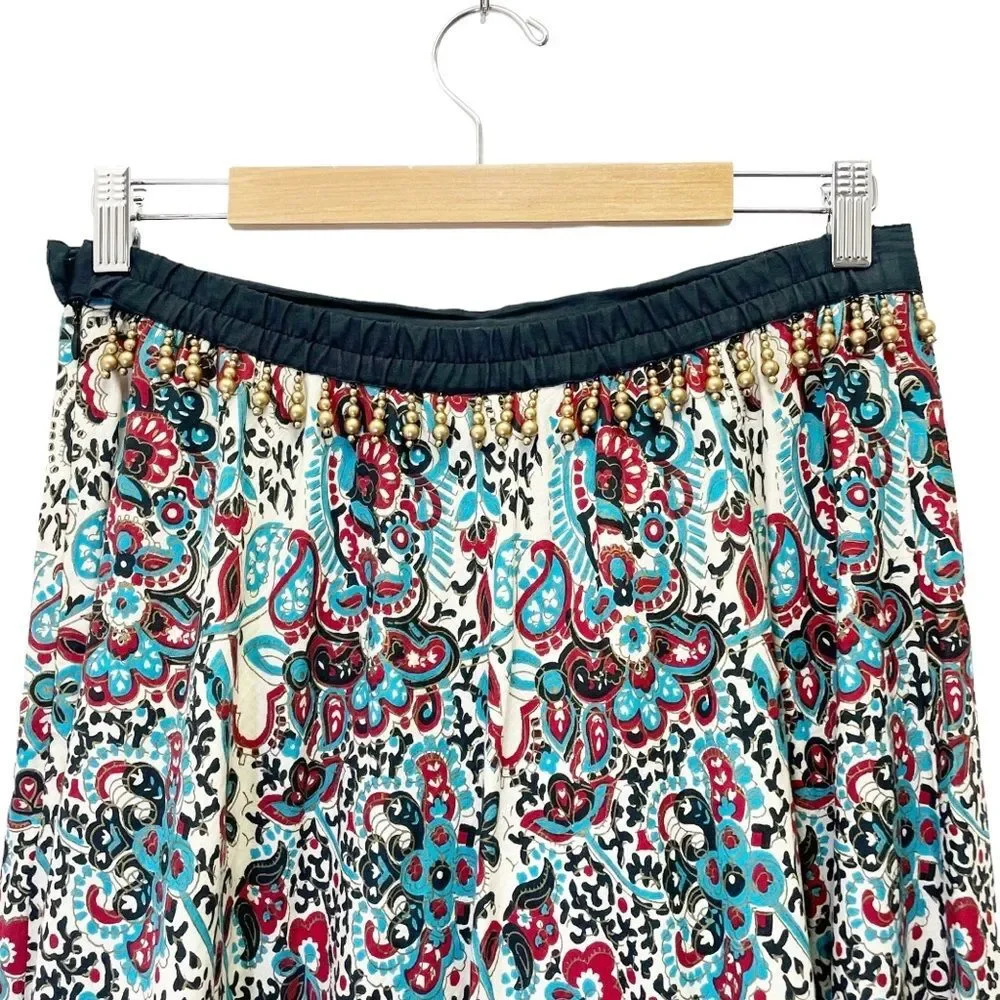 Coldwater Creek Size Medium Maxi Skirt Beaded Trim Peasant Boho Black Red Aqua